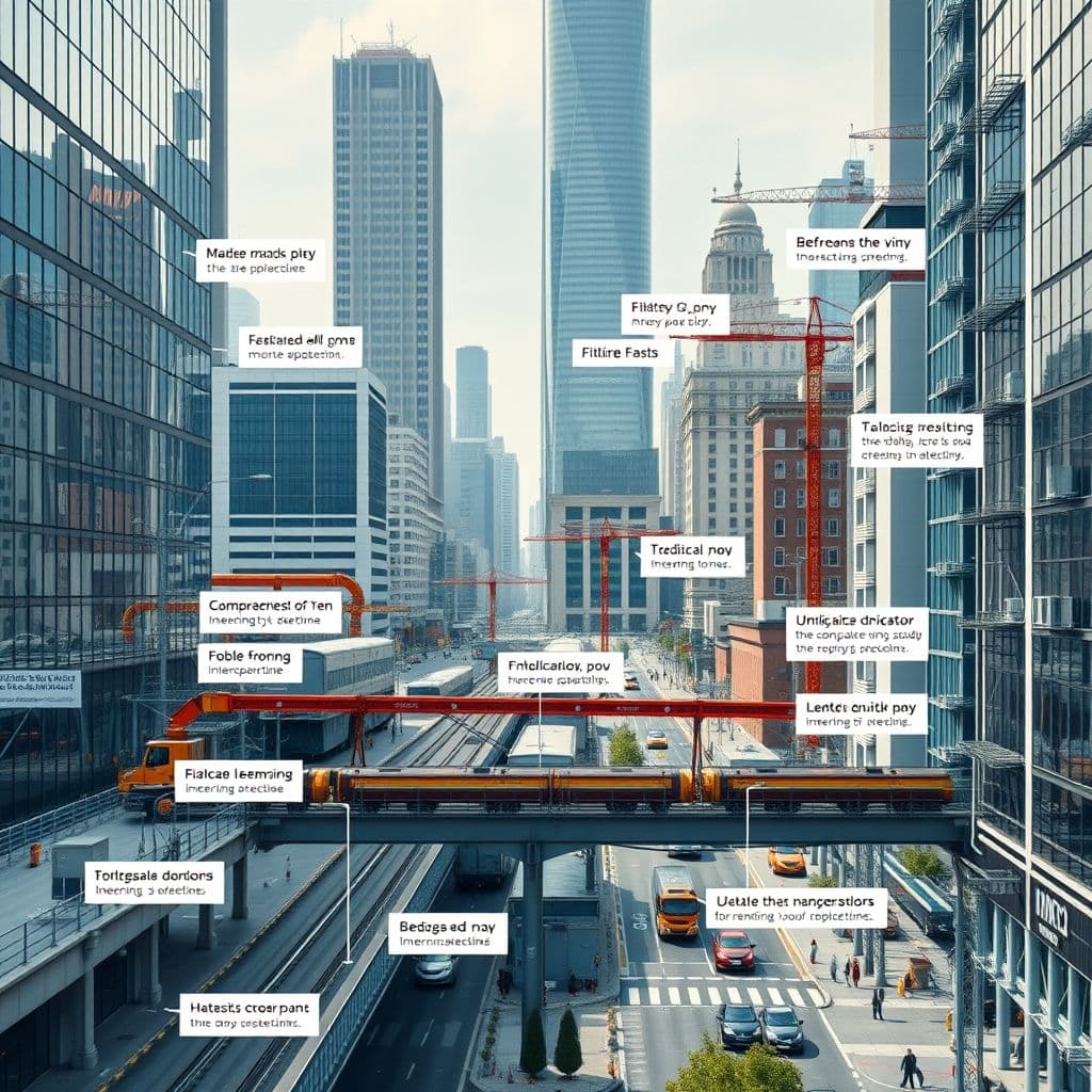 Illustration of various types of engineering infrastructure like bridges, power grids, and water systems.