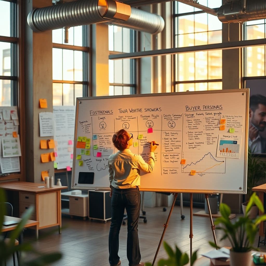 A marketer creating detailed buyer personas on a whiteboard.