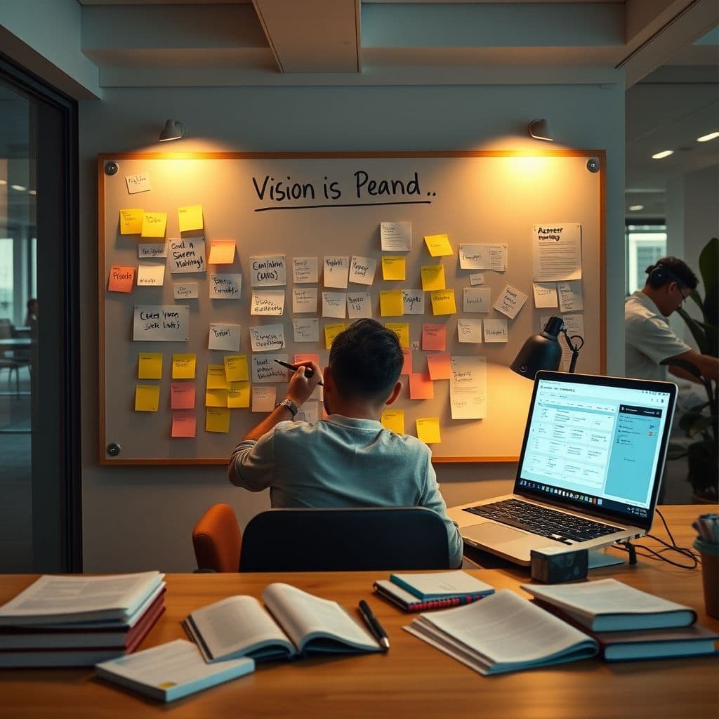 Person writing career goals on a vision board with strategic planning elements