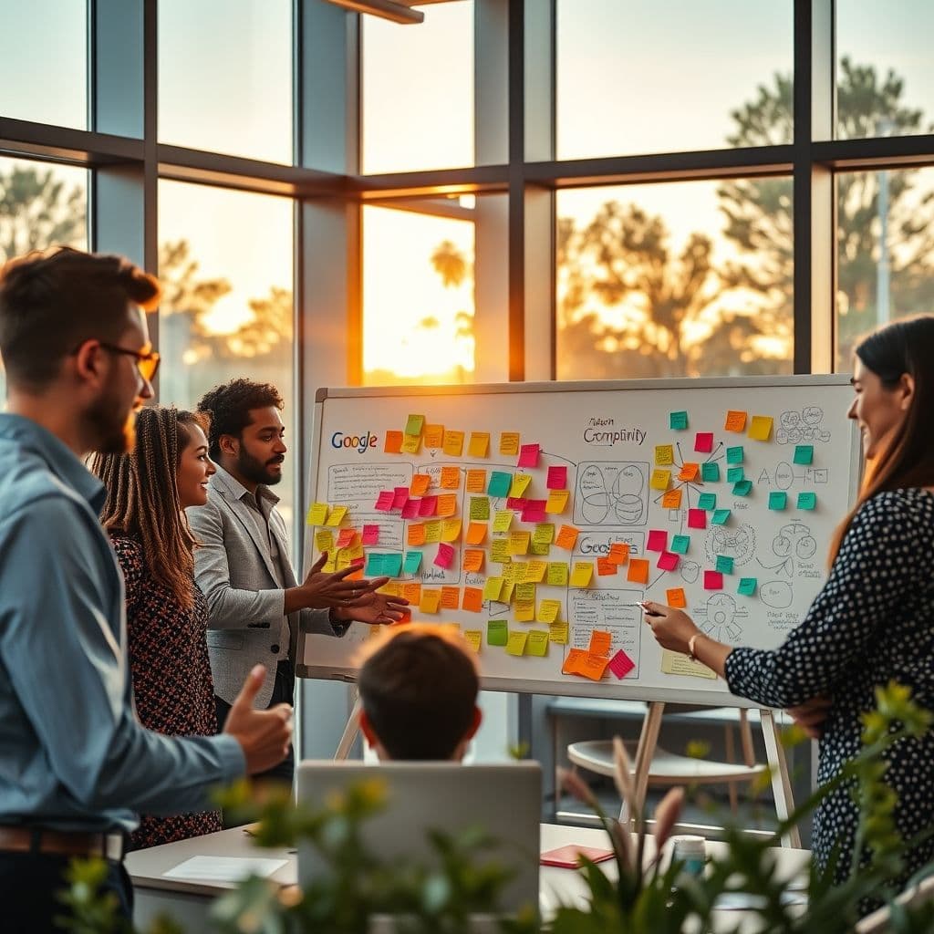 A diverse team brainstorming ideas on a whiteboard.