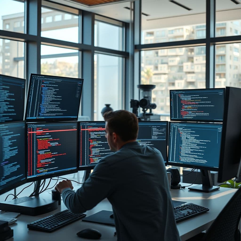 Developer debugging code with testing frameworks and development tools