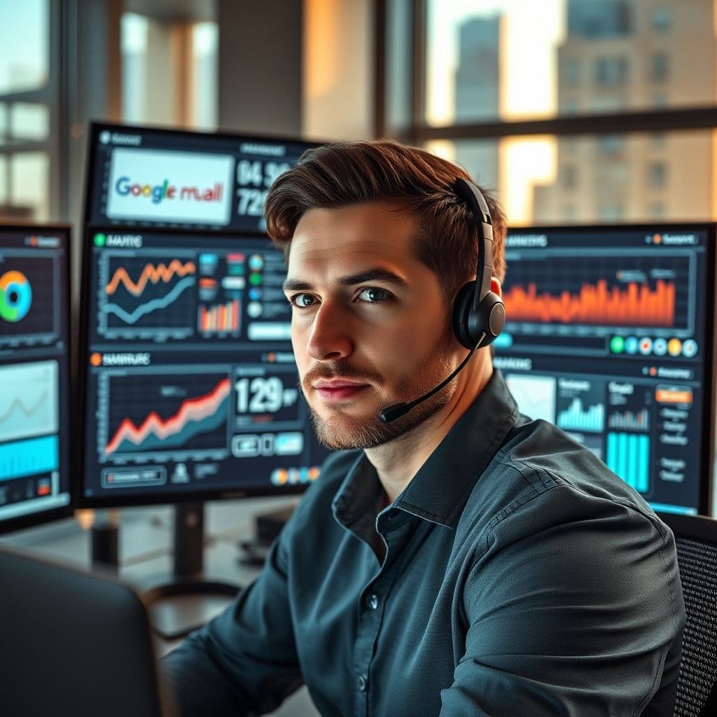 A digital strategist analyzing web metrics on multiple screens.