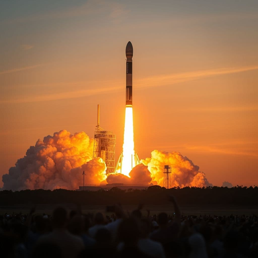 A vibrant illustration of a rocket launching with Product Hunt logo, symbolizing a successful product launch.