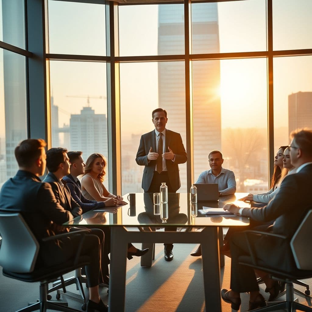 A confident VP of Administration leading a team meeting in a modern office.