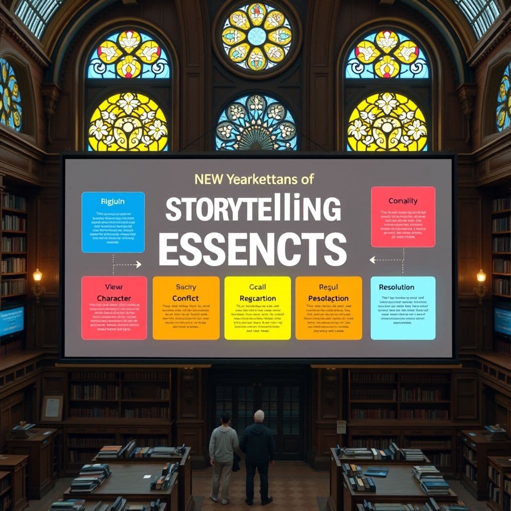 Illustration of storytelling elements like characters, conflict, and resolution.