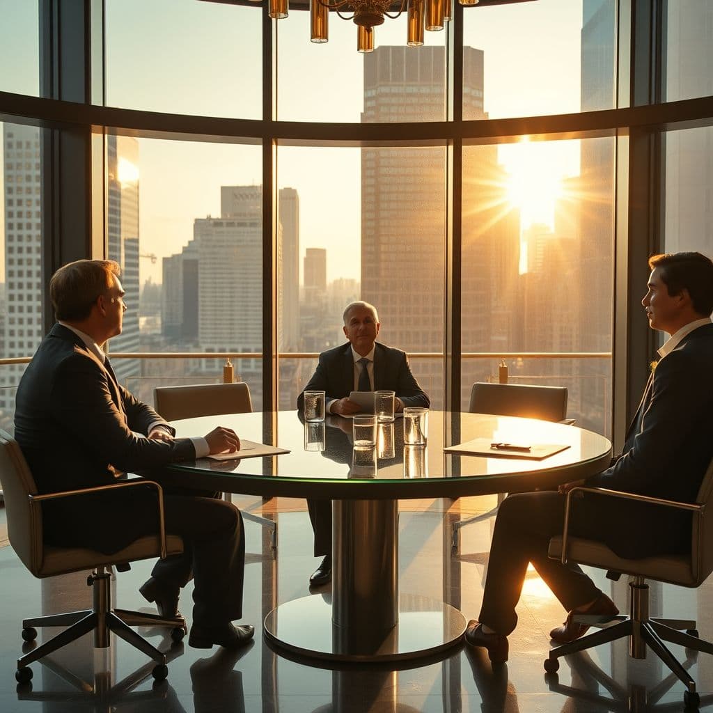 Professional mediator facilitating conflict resolution between two parties in a modern office setting