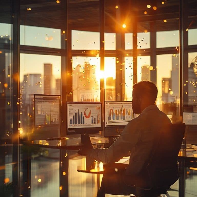 A marketing manager reviewing an SEO dashboard with charts and graphs.