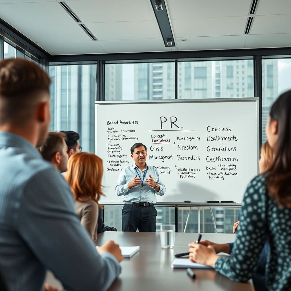 A PR specialist explaining the basics of public relations to a group.