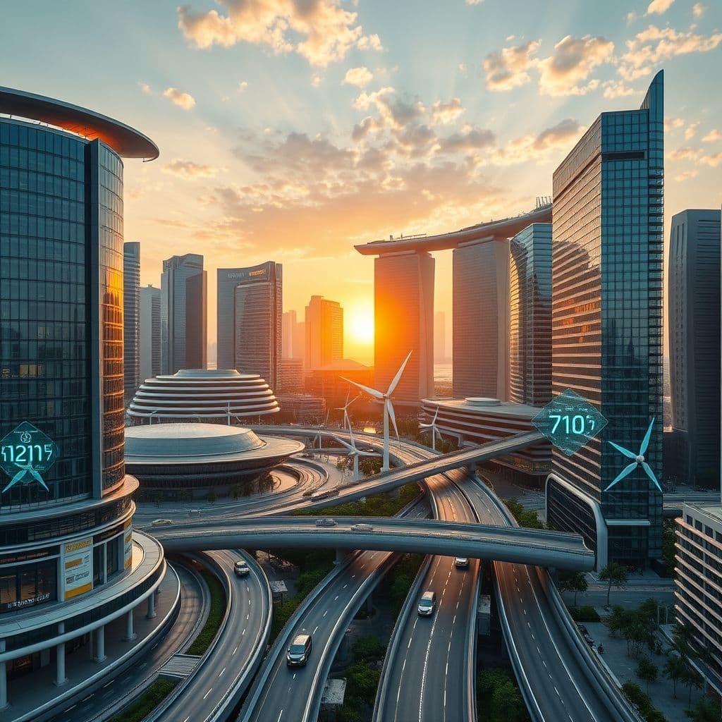A futuristic smart city with integrated renewable energy systems.