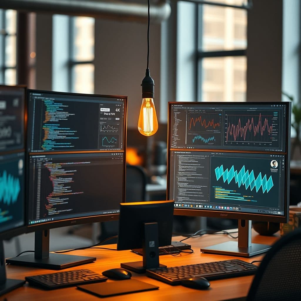 Developer working on AI agent code with multiple screens showing different aspects of the project.