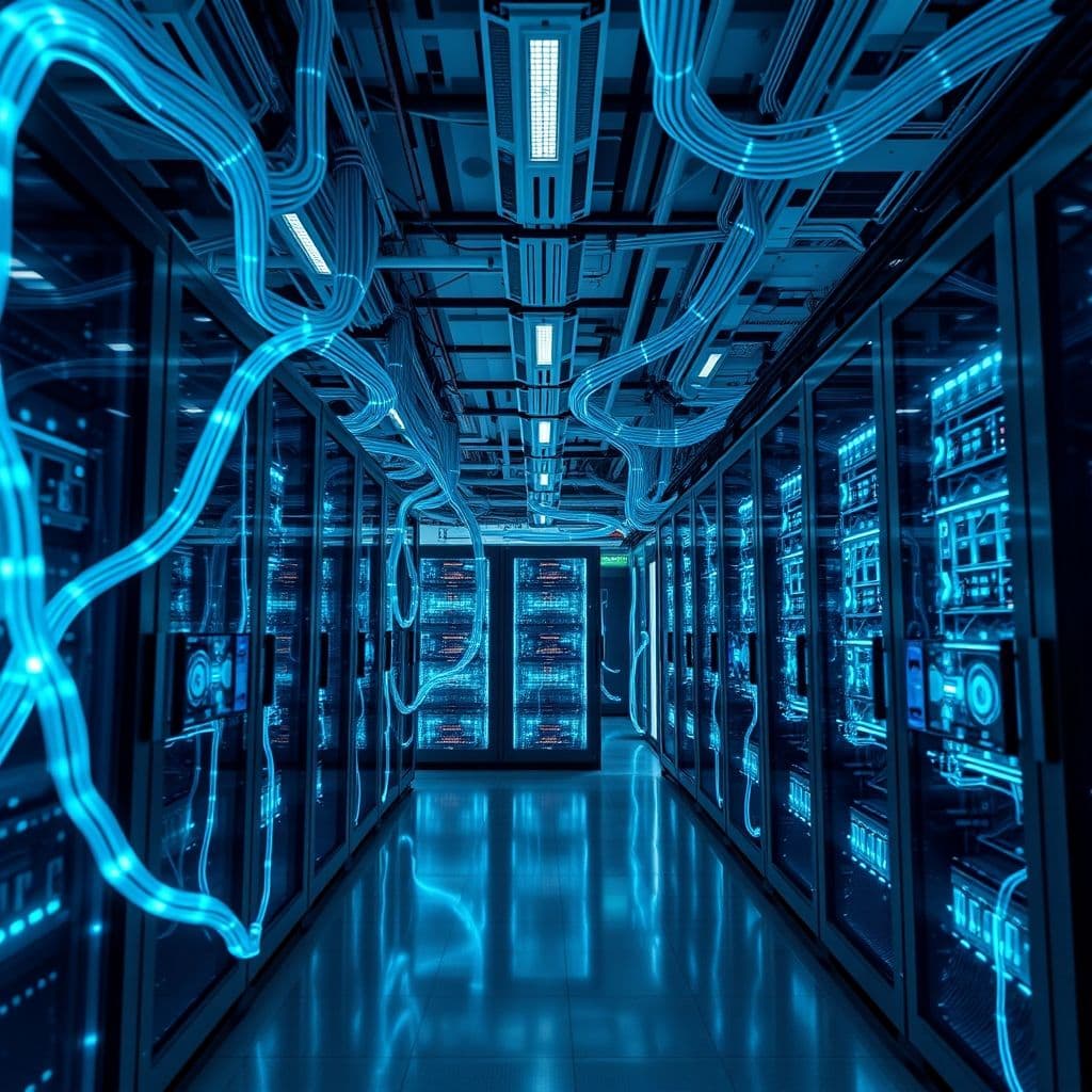 A modern Data Lakehouse architecture with data flowing between storage, processing, and analytics layers.