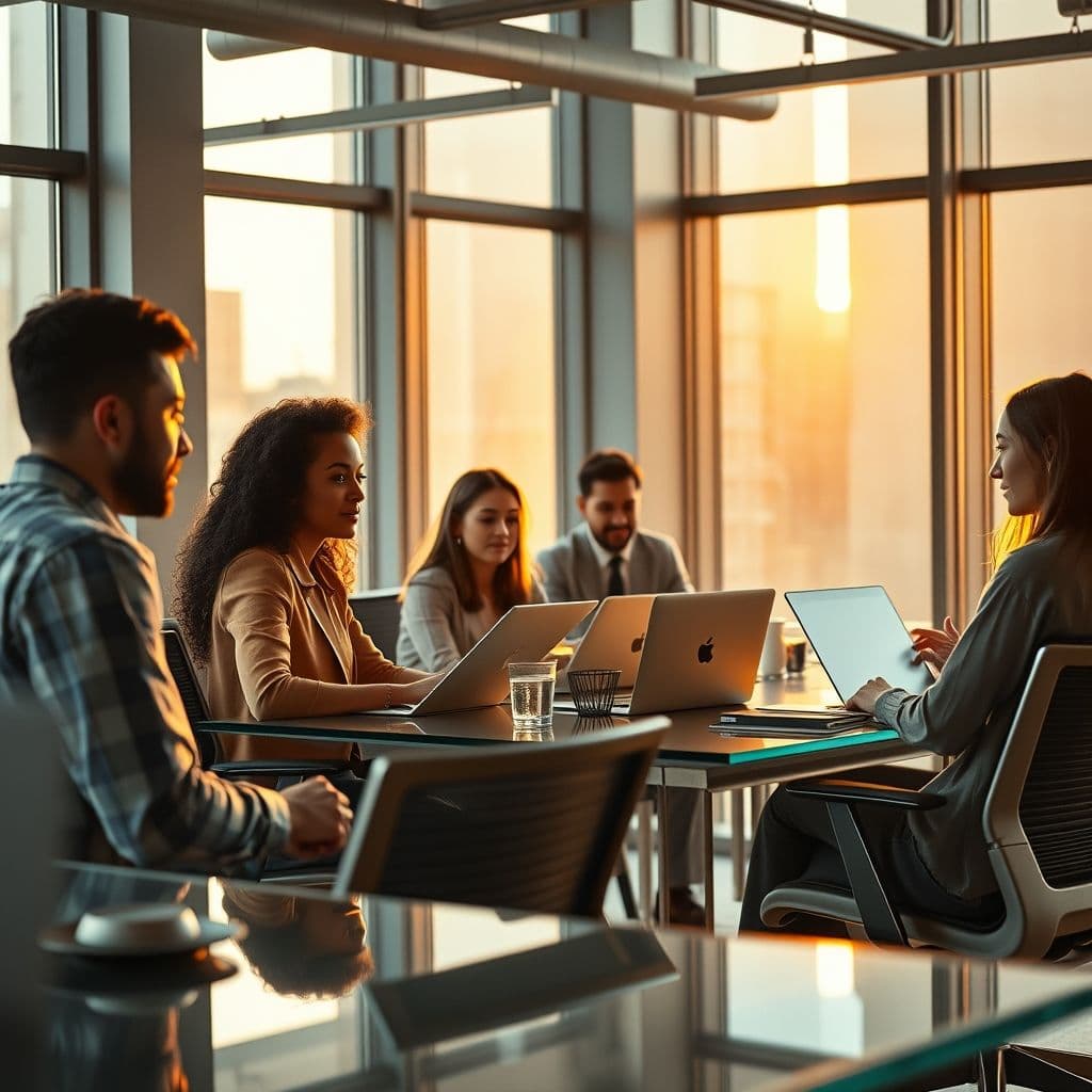 A diverse team collaborating in a modern office setting, symbolizing high-performance teamwork.