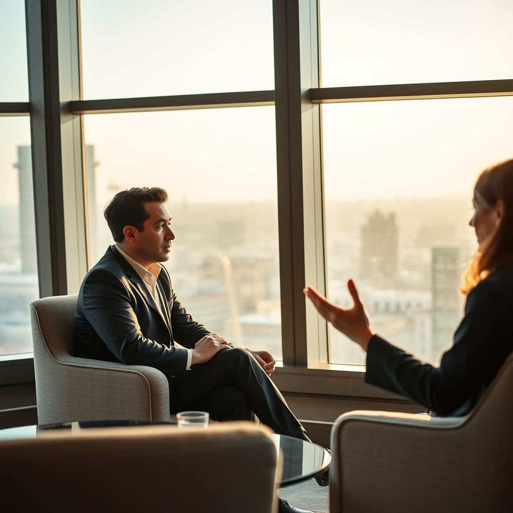 Two professionals engaged in active listening with open body language and focused attention