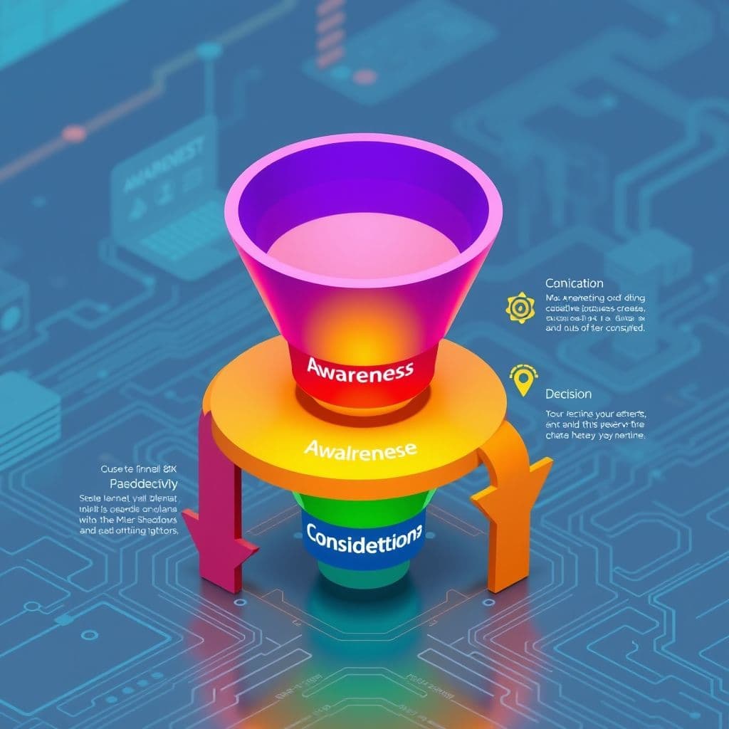 A visual representation of the marketing funnel with stages like awareness, consideration, and decision.