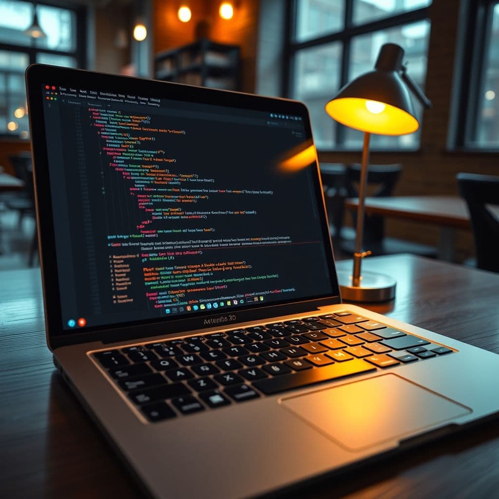 A modern laptop displaying Python code with a vibrant coding environment.