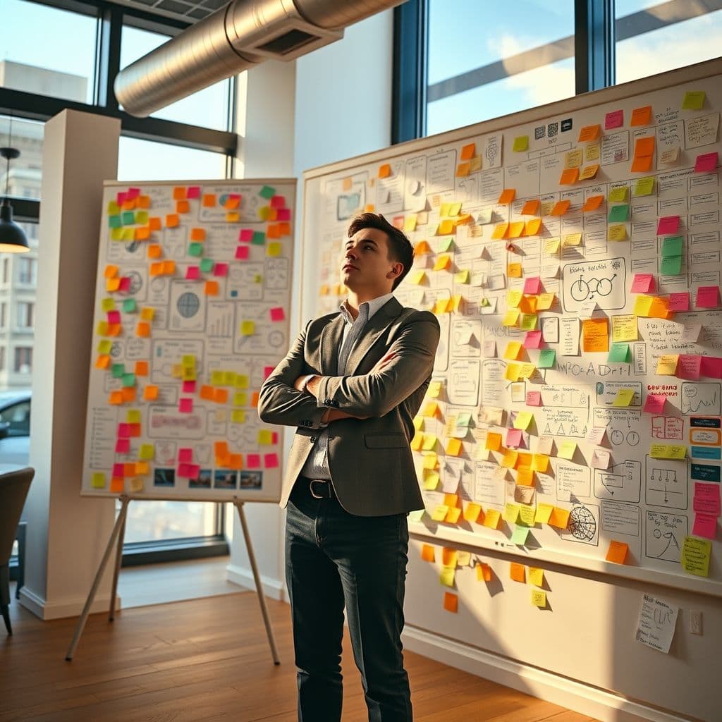 A marketer planning a growth strategy with a whiteboard full of ideas.