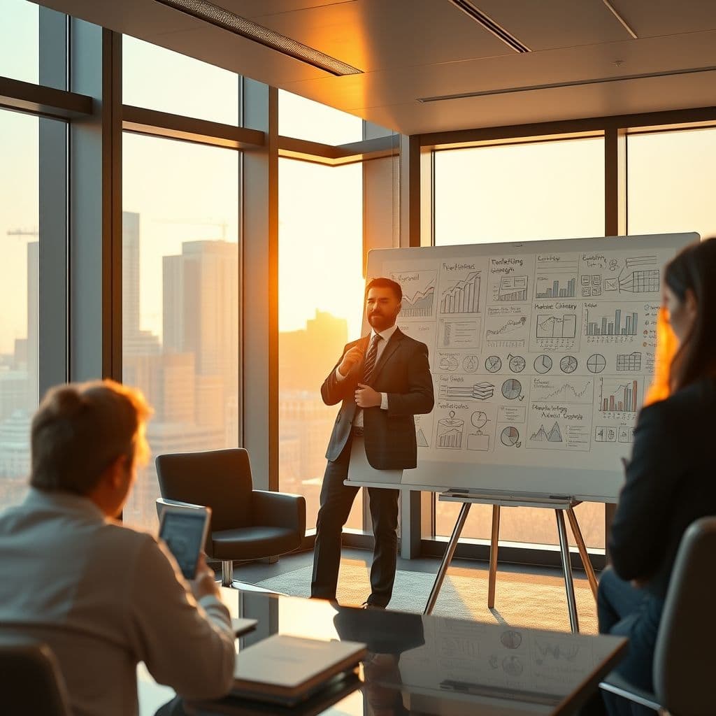 A professional account manager presenting a strategy to clients in a modern office setting.