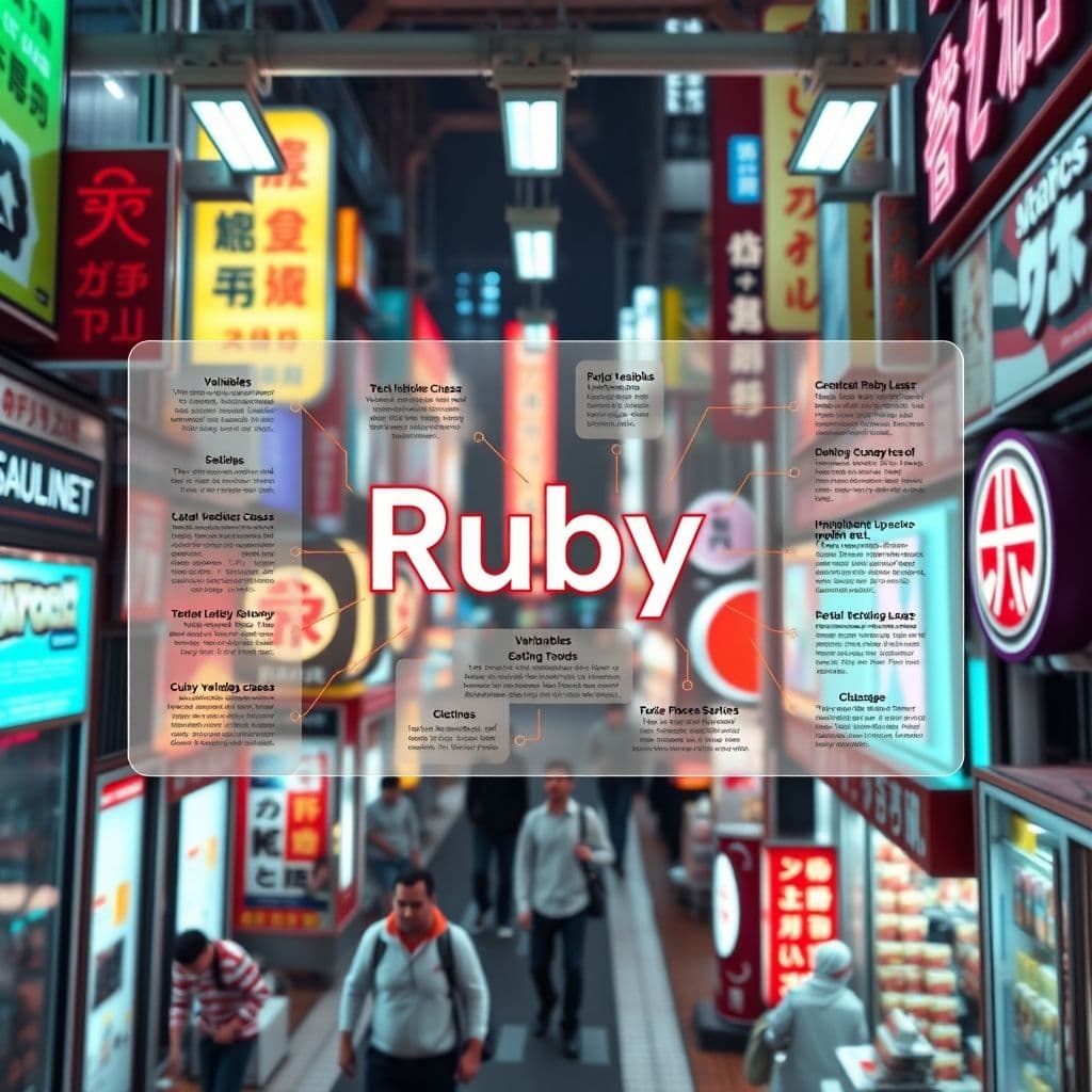 Illustration of Ruby programming concepts like variables, loops, and classes.