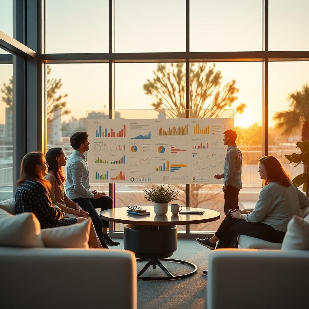A dynamic business meeting with professionals discussing growth strategies.
