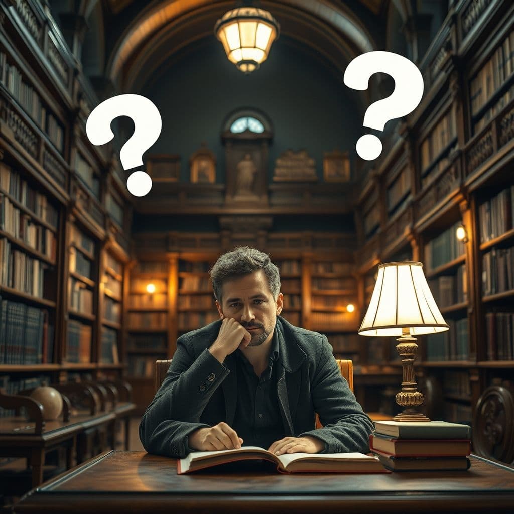 A person deep in thought, surrounded by question marks.