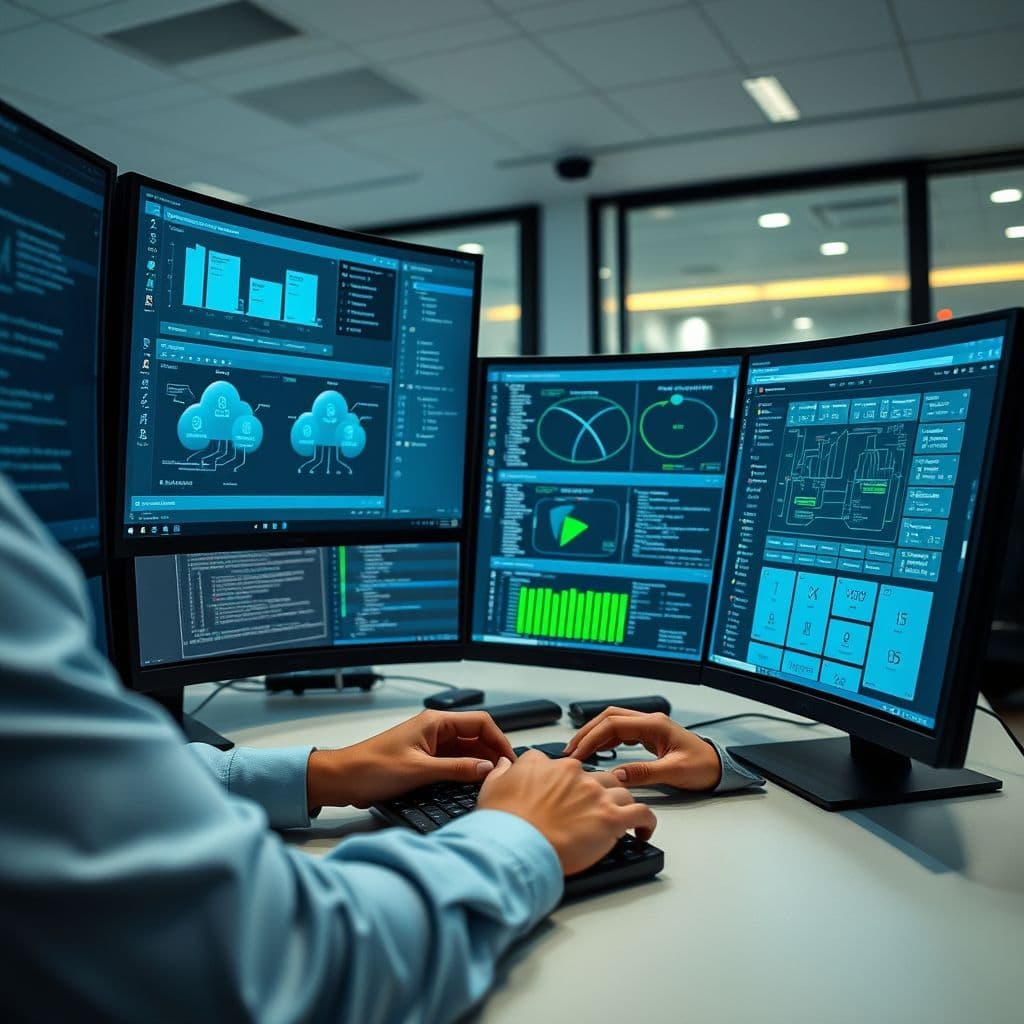 Developer working on multiple monitors showing cloud infrastructure dashboards and configurations