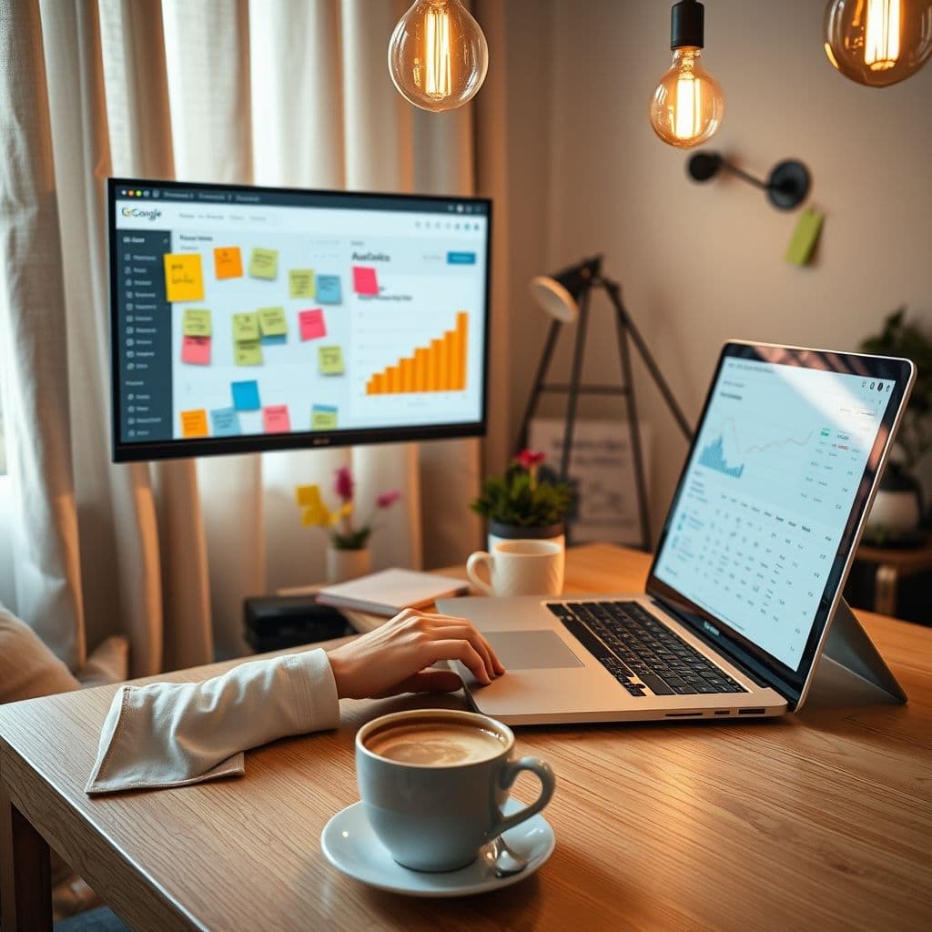 A marketer crafting a content strategy with a laptop and analytics dashboard.