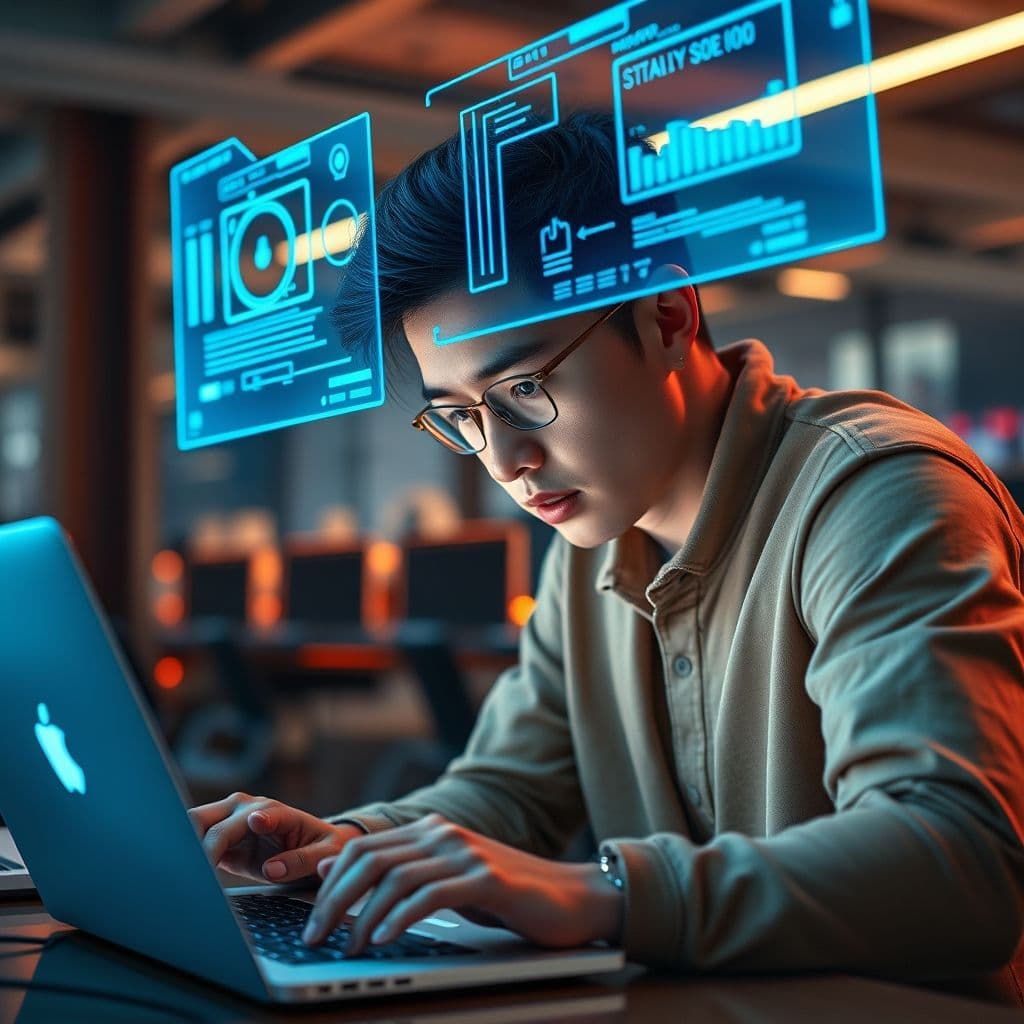 A software engineer working on a laptop with code on the screen.