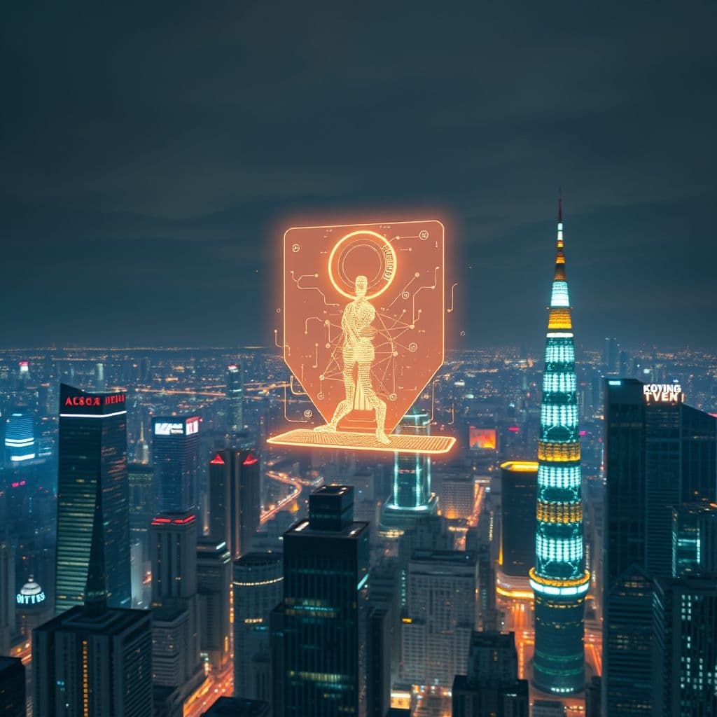 A futuristic illustration of a no-code AI agent interacting with users across multiple devices.