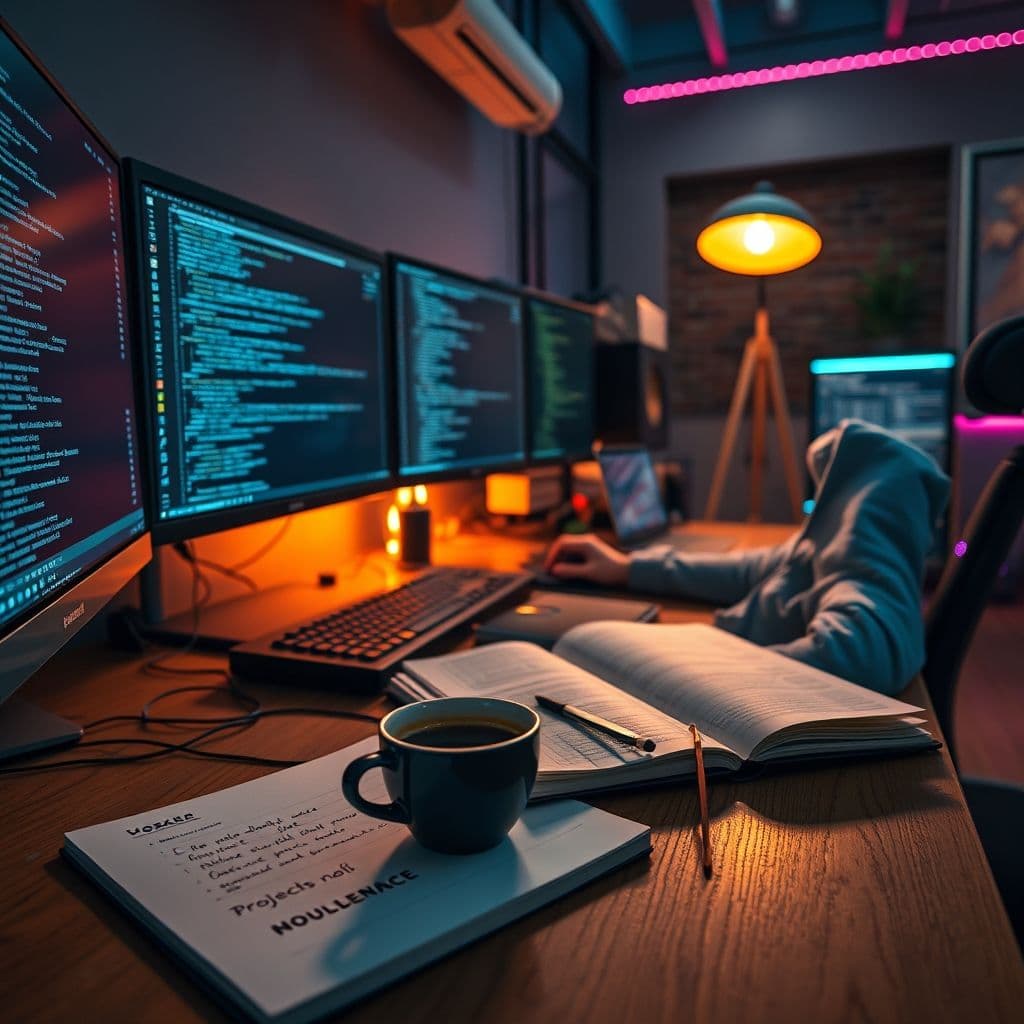 A developer working on a side project with multiple screens showing code and project planning.