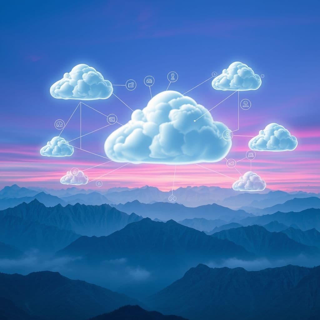 Digital ecosystem visualization showing interconnected cloud services and infrastructure components