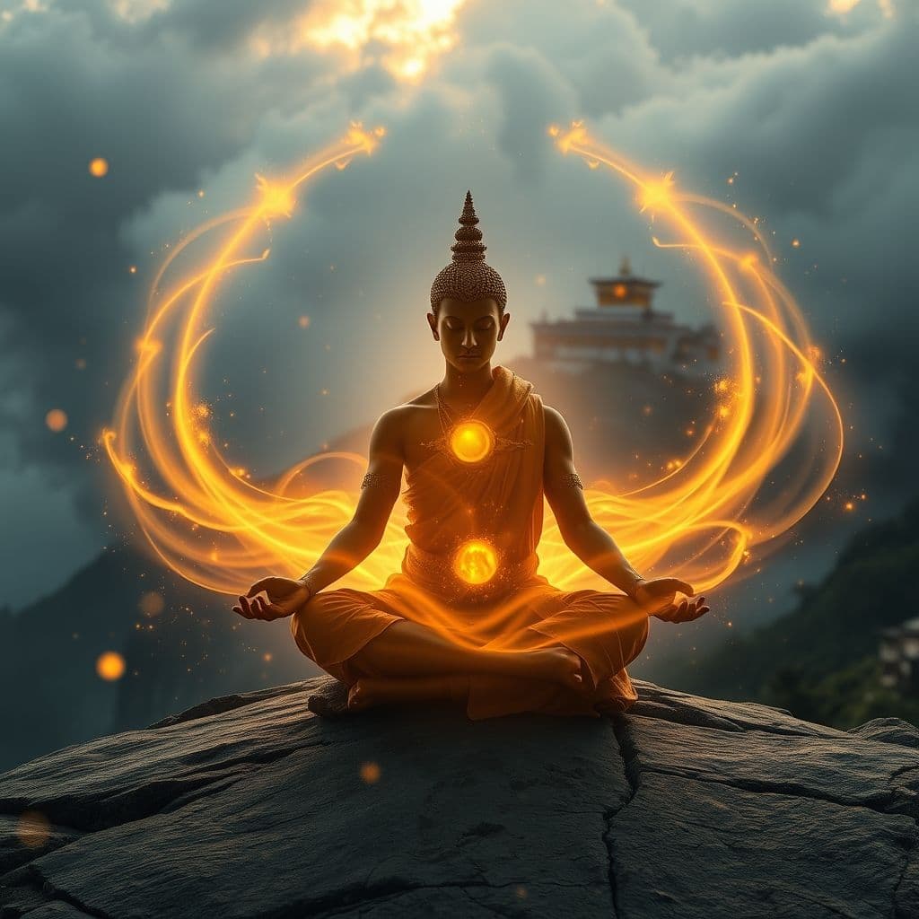Warrior in deep meditation surrounded by visible ki energy streams and glowing aura