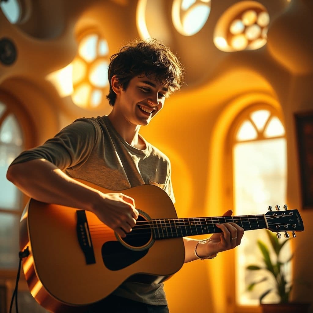 A person playing guitar with a smile, symbolizing joy in the process.