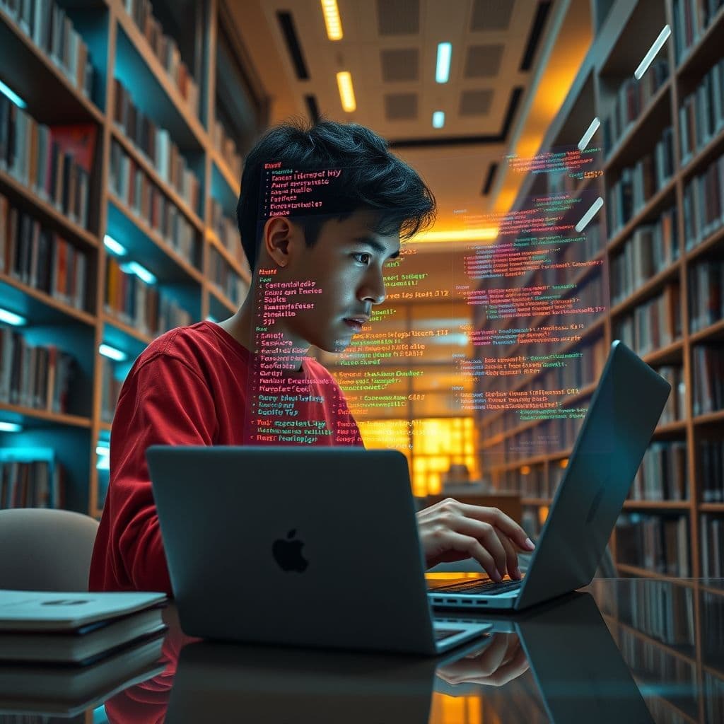 A vibrant illustration of Ruby code on a screen with a beginner programmer in the background.