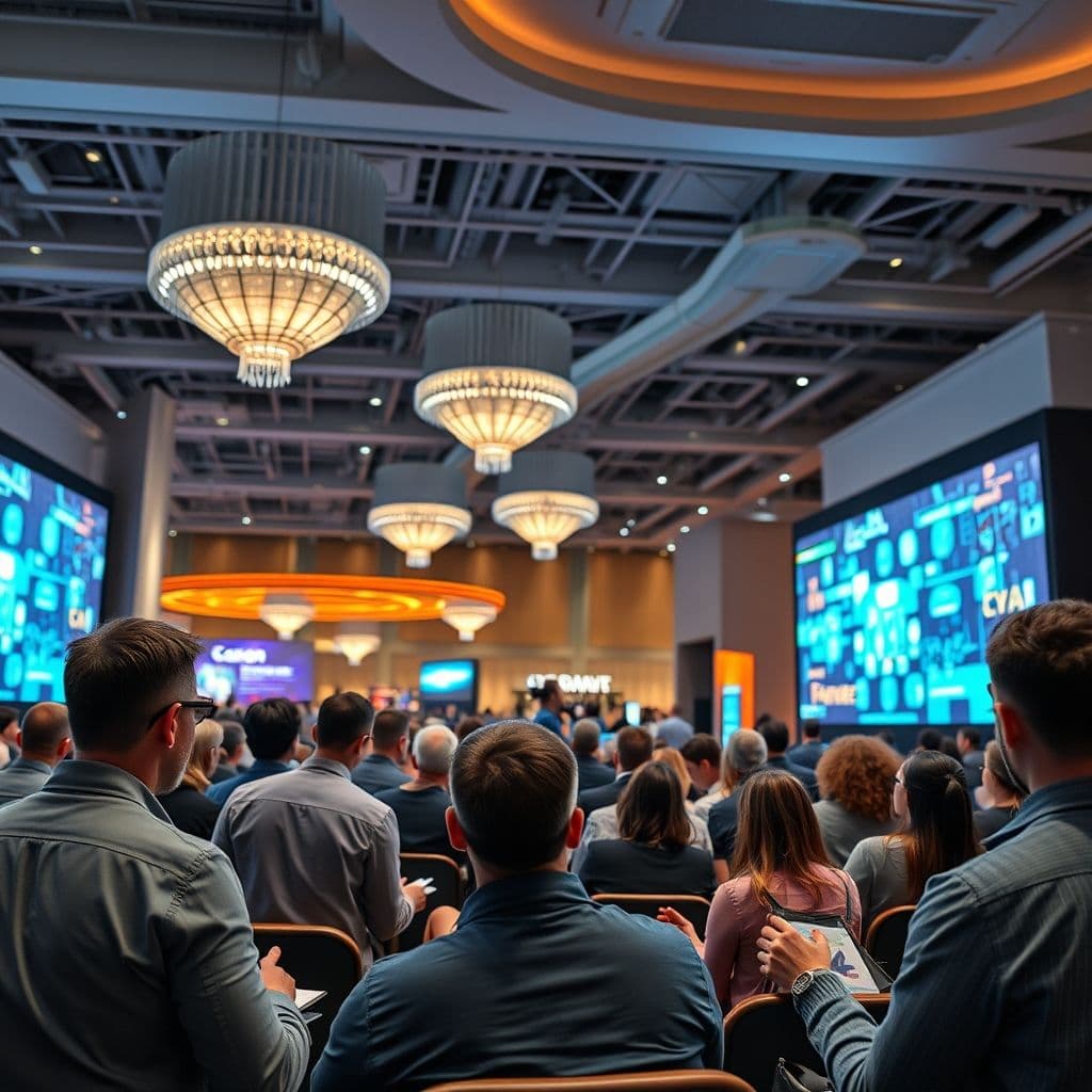 Professional engineer presenting at an industry conference with innovative technology displays