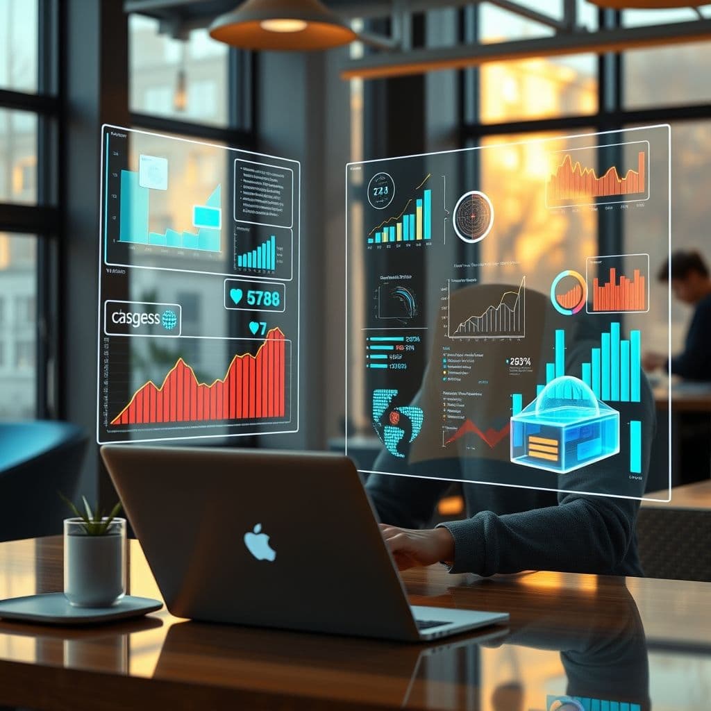 A professional analyzing data on a laptop with colorful charts and graphs.
