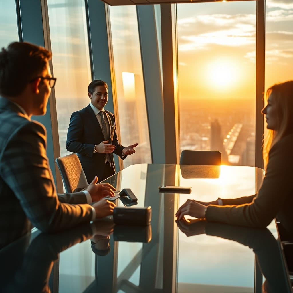 A confident sales account executive presenting to clients in a modern office setting.
