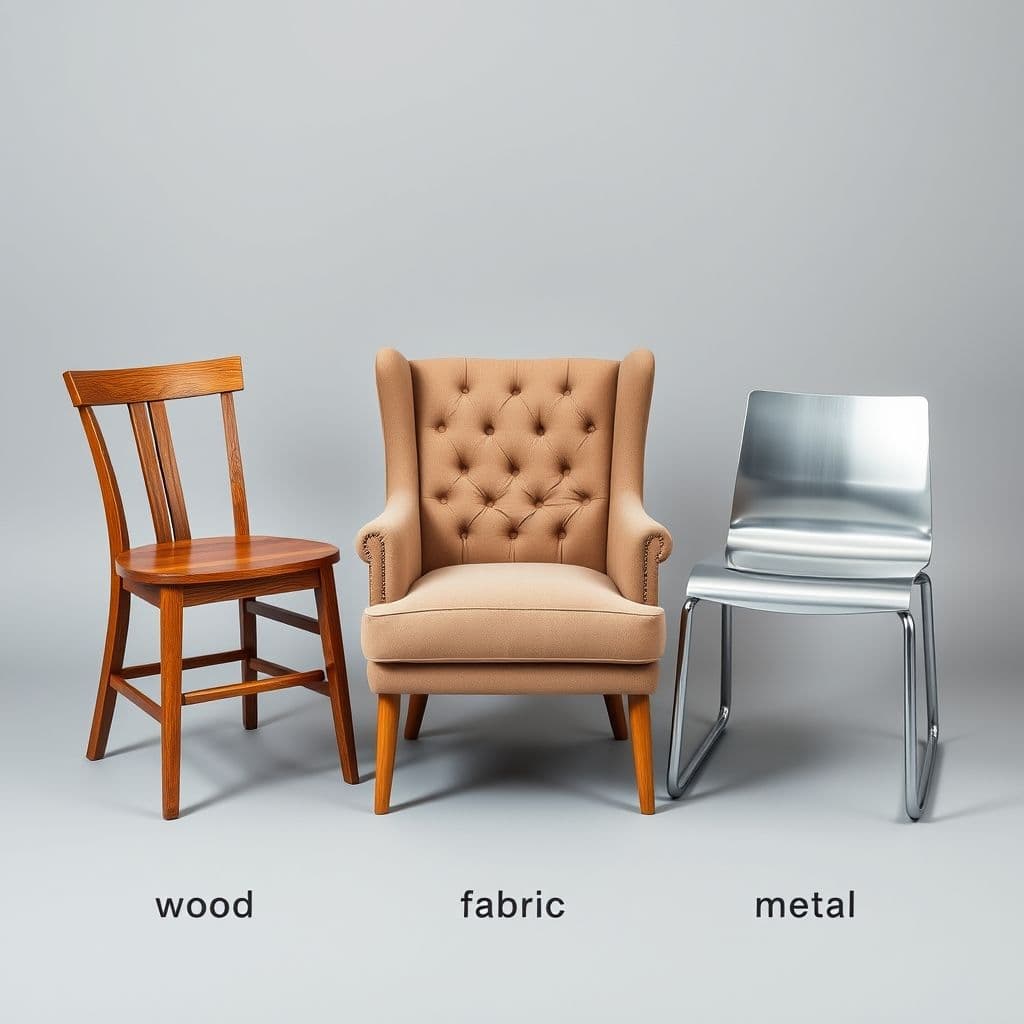 Various types of chairs including wooden, upholstered, and metal designs.
