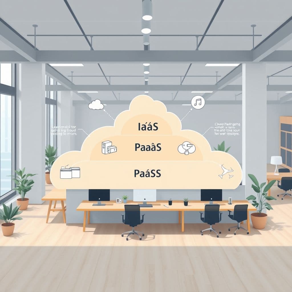 Illustration of cloud computing types: IaaS, PaaS, SaaS.