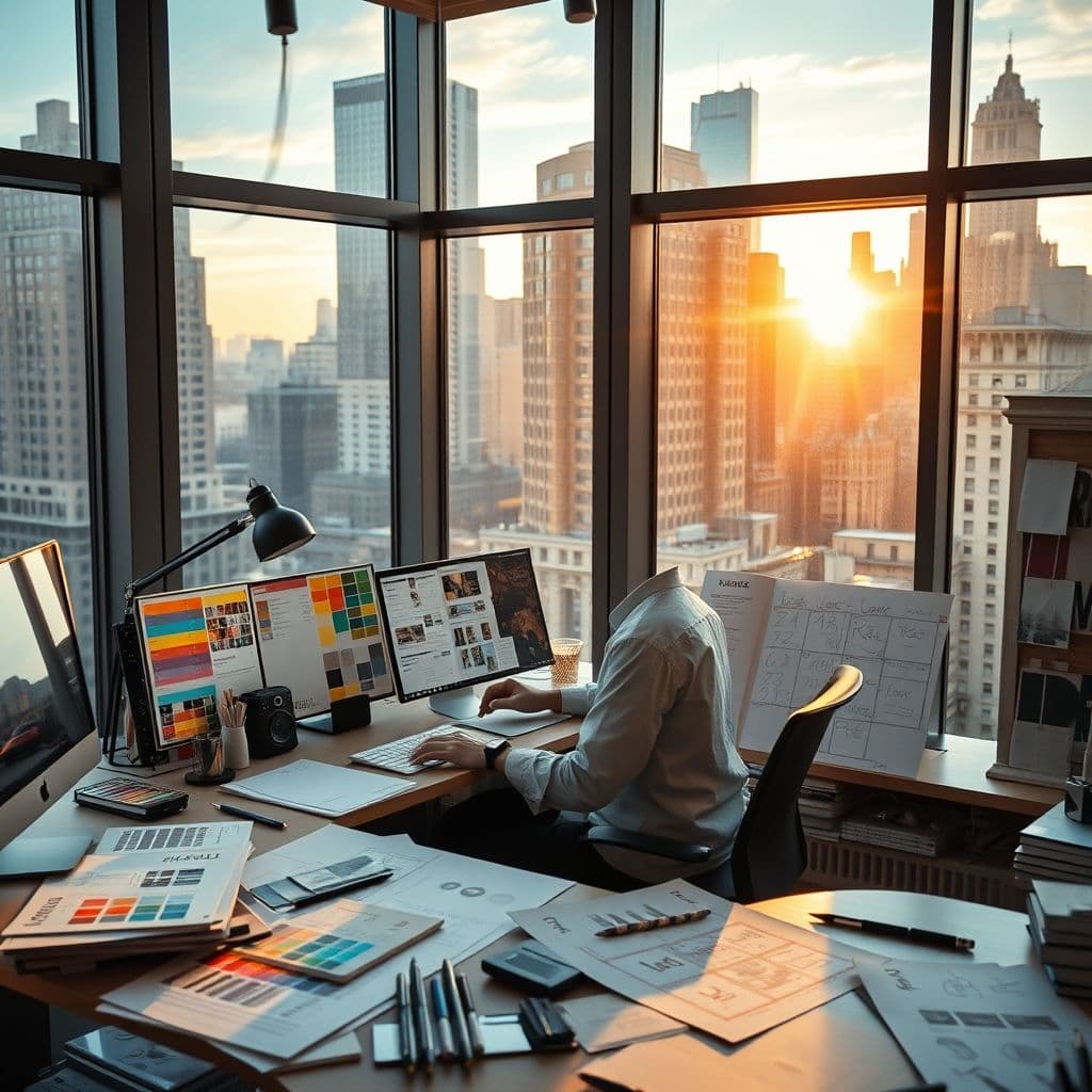 Designer working on visual design principles with color swatches and typography samples