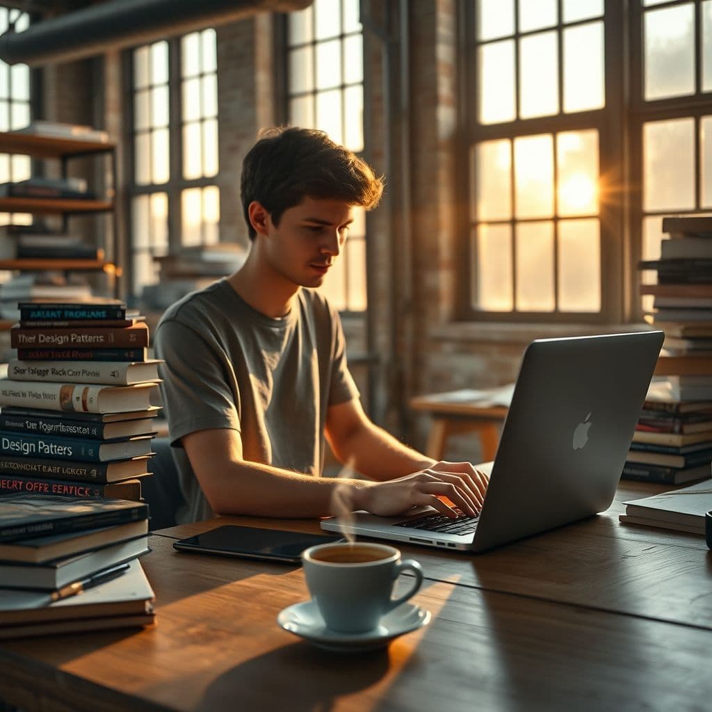 A young developer working on a laptop, surrounded by code and learning materials.