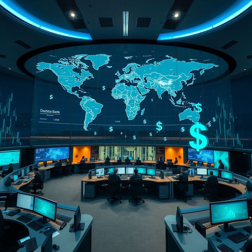 Global financial operations center with world map, multiple currencies, and international business charts