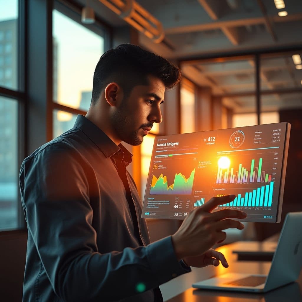 A modern marketer analyzing data on a digital dashboard to drive revenue growth.