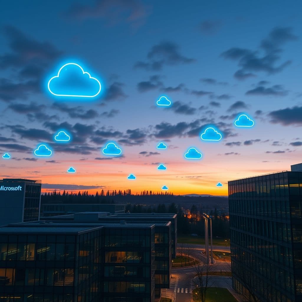 A futuristic cloud computing landscape with Azure services highlighted.