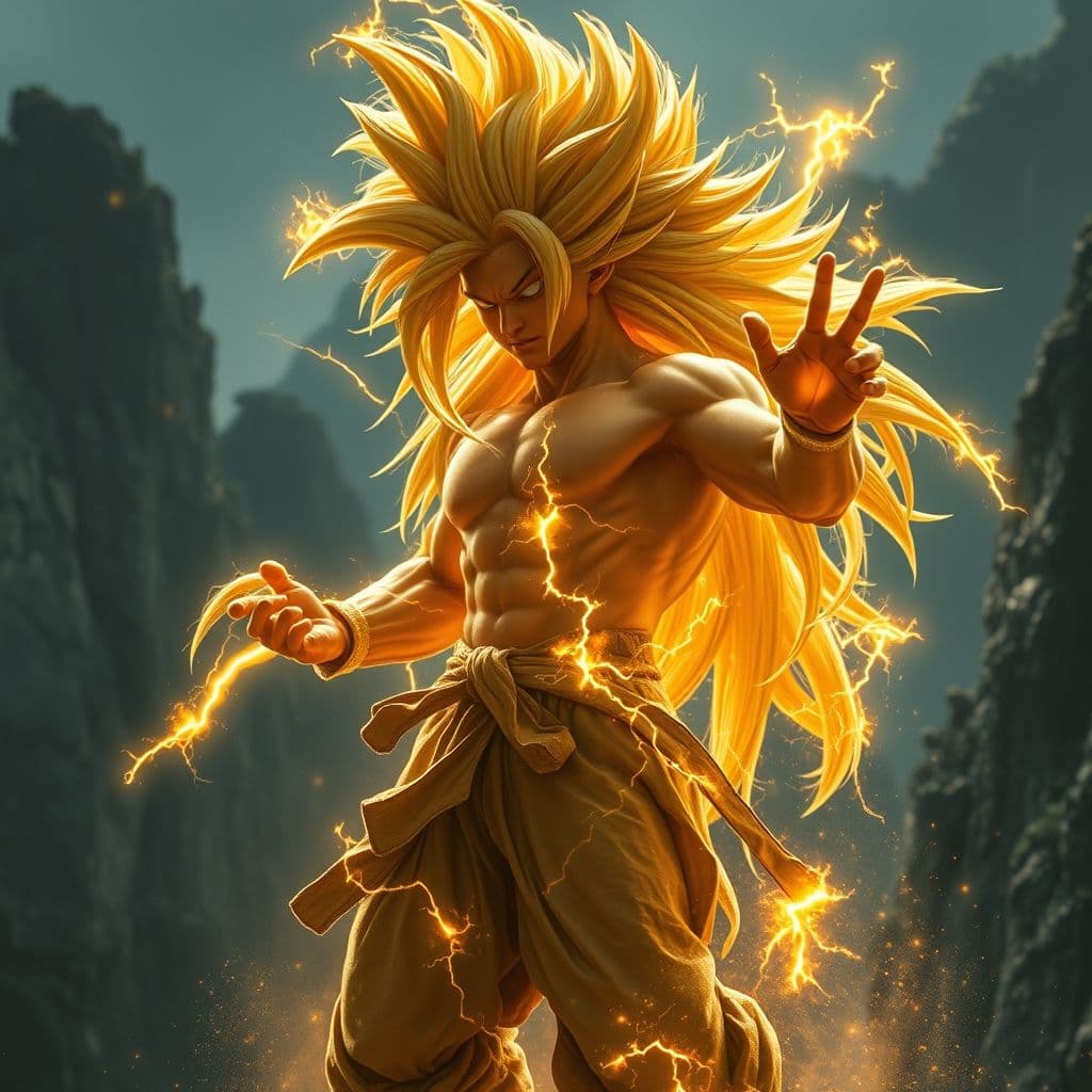 Magnificent Super Saiyan 3 warrior demonstrating ultimate transformation with flowing hair and intense golden aura