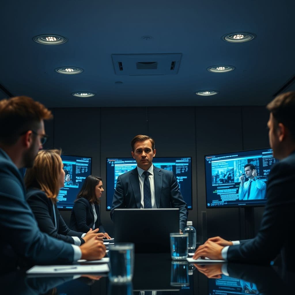 A publicist managing a crisis situation with a team.