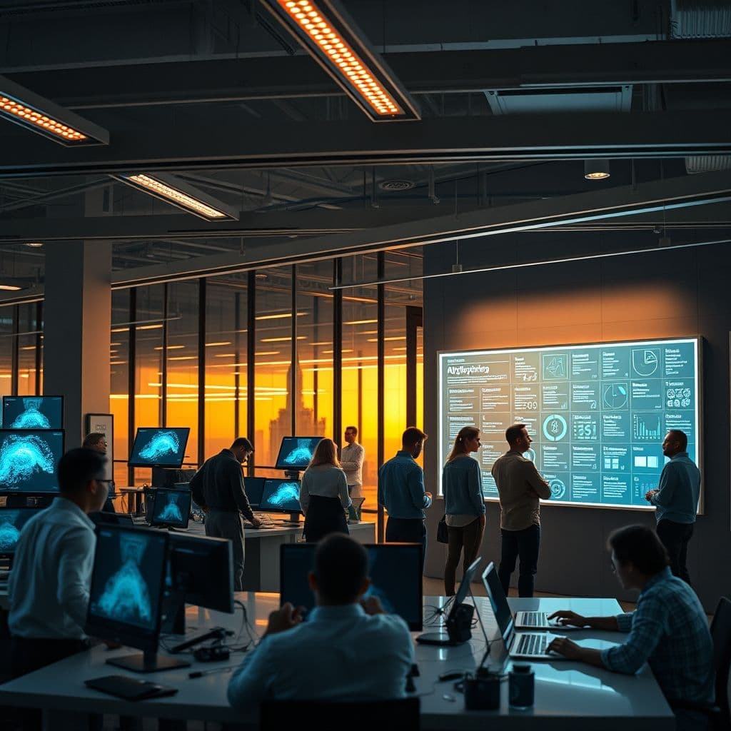 A futuristic workspace with AI and product management tools.