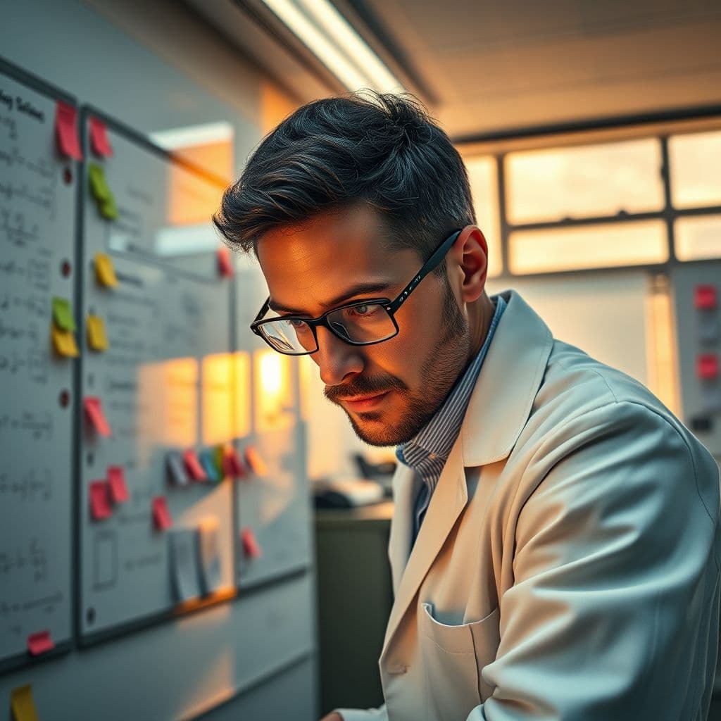 A person analyzing a complex problem with a flowchart and brainstorming ideas.