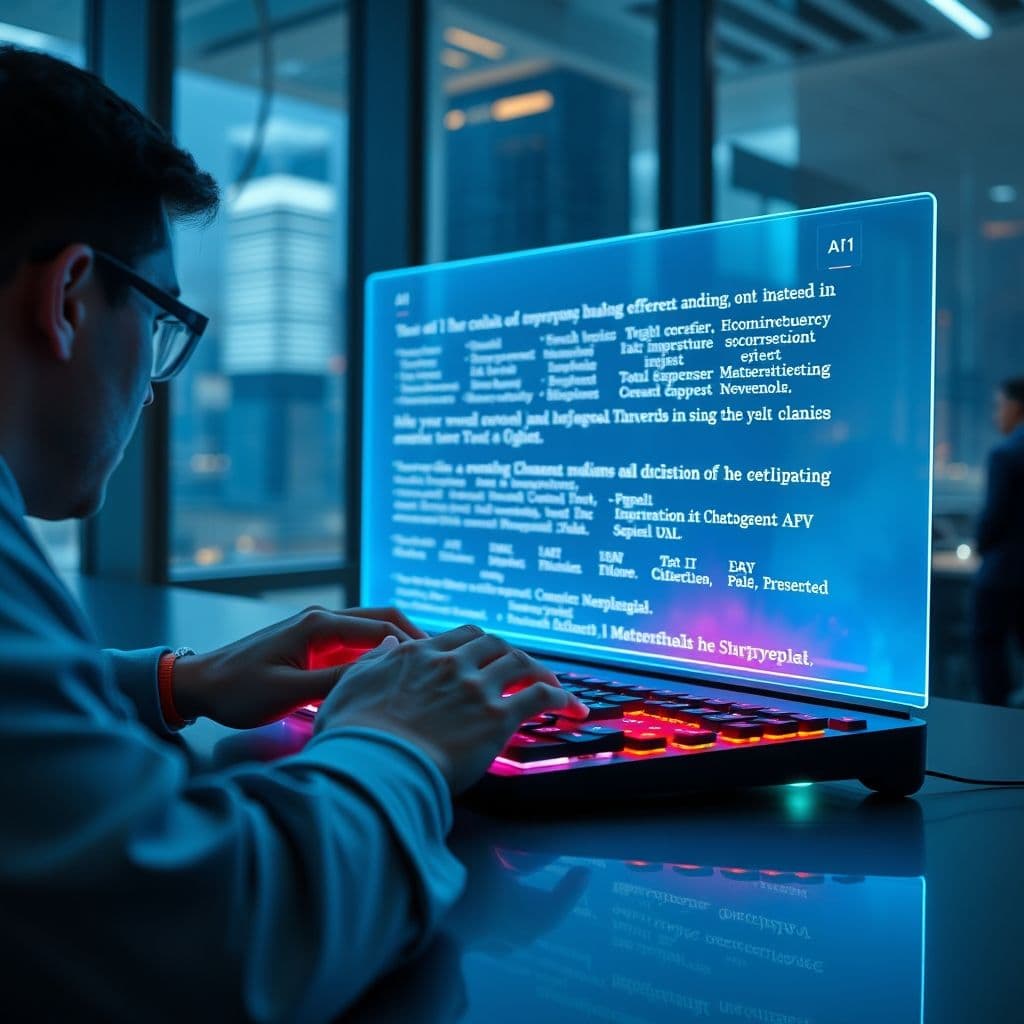Illustration of a person typing a prompt into an AI interface.