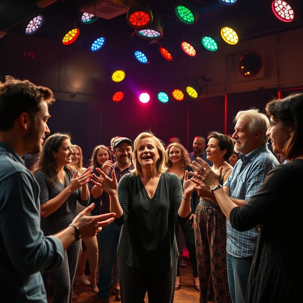 A group of people engaged in a lively improvisation exercise, demonstrating 'Yes, And' techniques.