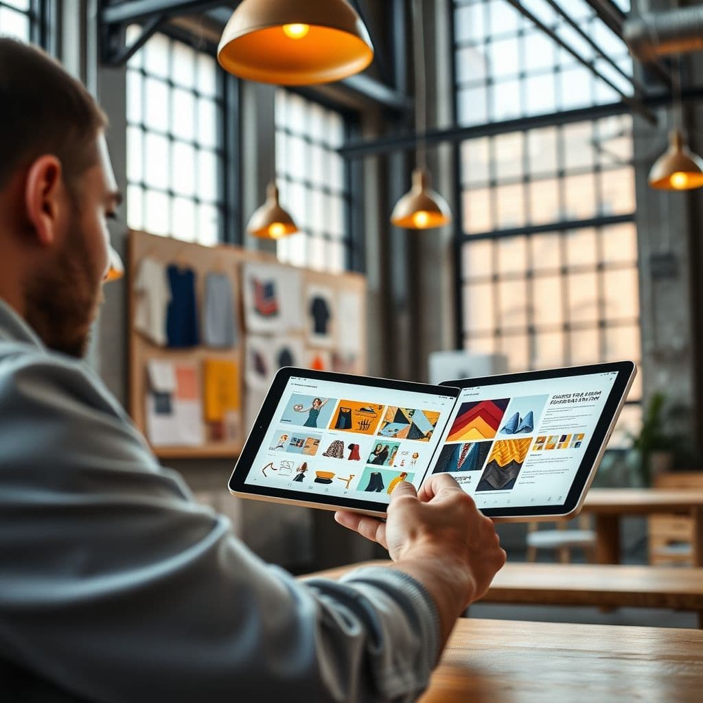 A marketer designing a product brochure on a tablet.